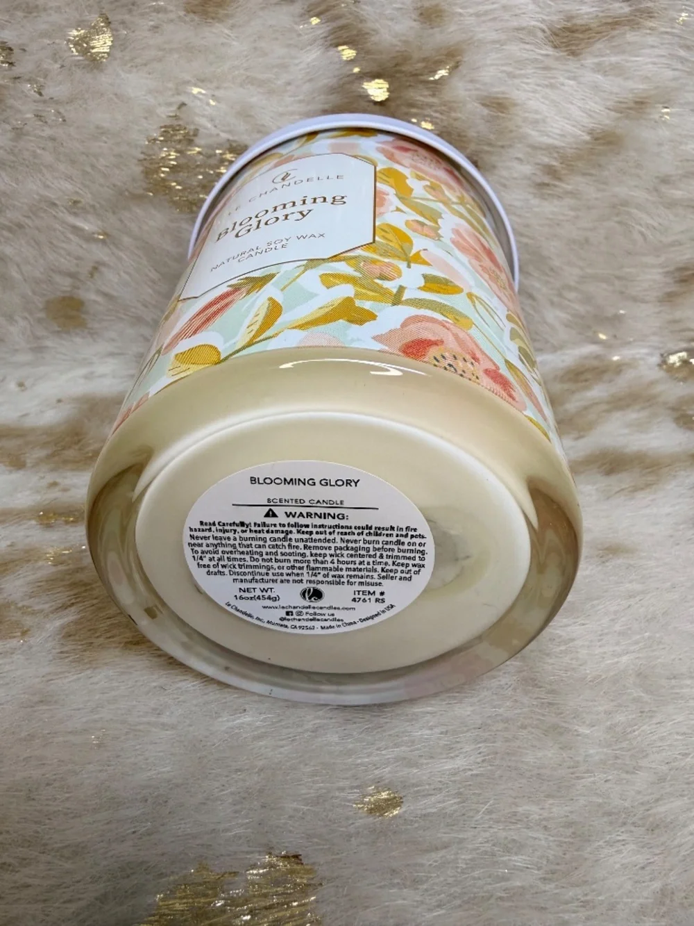 Le Chandelle Candle Morning Glory Natural Soy Wax Lid Knob Lt Floral Scent 16 oz